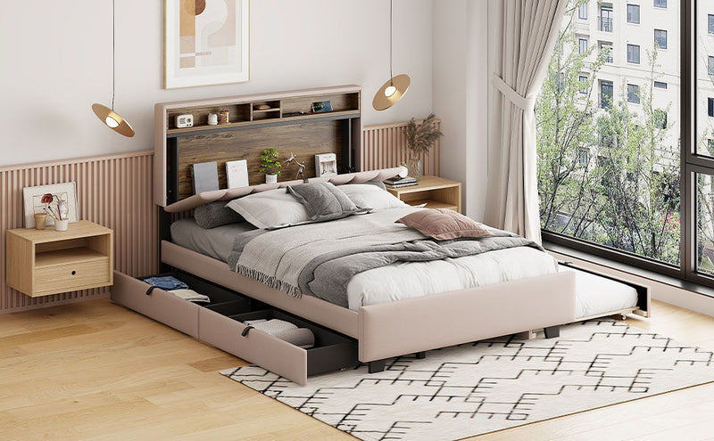 Upholstered Platform Bed With Storage Headboard, Trundle & 2 Drawers And A Set Of Sockets & USB Ports - R&R Furniture Gallery (Fountain Valley, CA)
