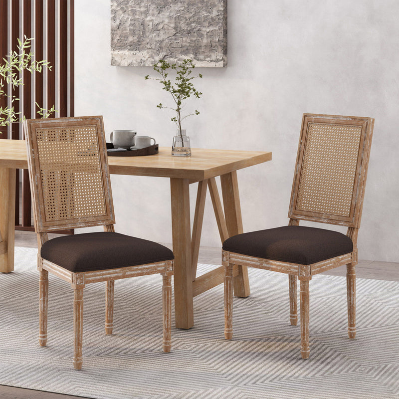 French Country Dining Chair With Rectangular Cane Backrest And Smooth Upholstered Seating - R&R Furniture Gallery (Fountain Valley, CA)