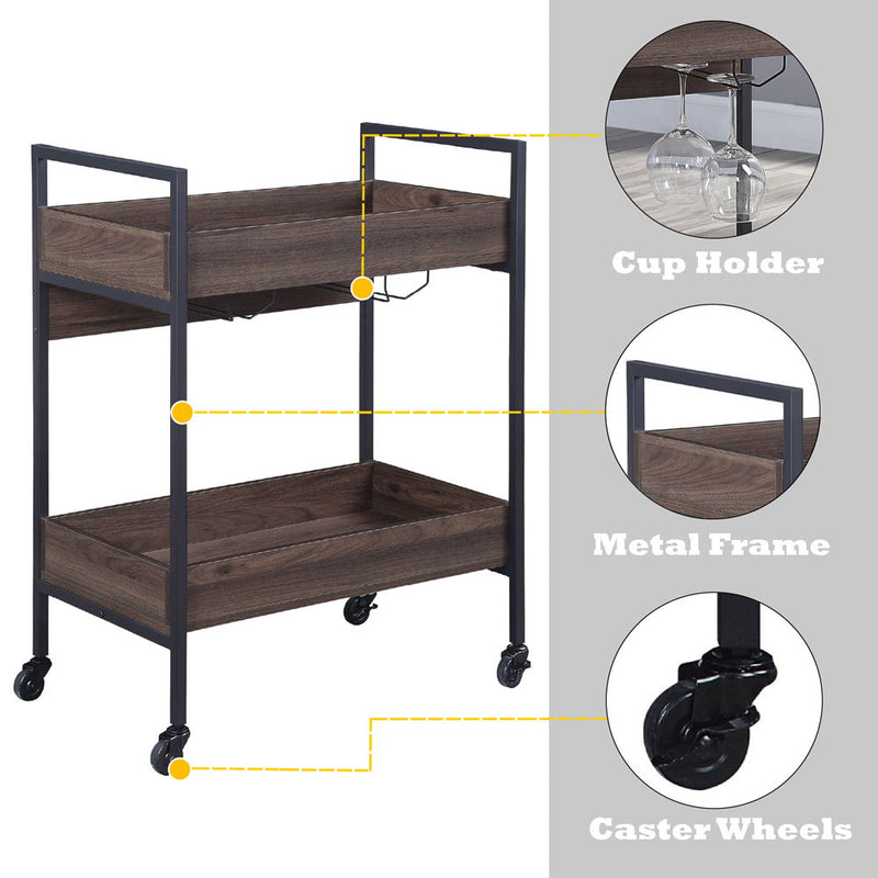 ACME Jerrick serving cart with walnut wood surfaces and black metal frame, ideal for bar or serving needs.