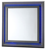 Metallic black mirror from Glory Furniture featuring a sleek, modern design with a reflective surface and stylish frame.