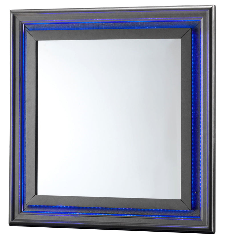 Metallic black mirror from Glory Furniture featuring a sleek, modern design with a reflective surface and stylish frame.