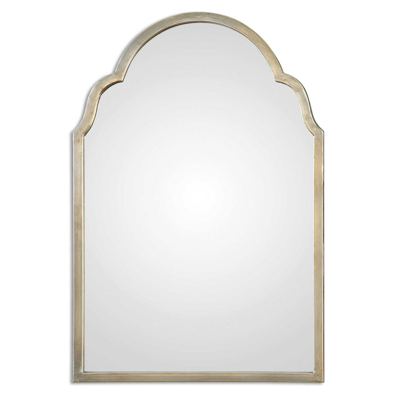 Uttermost Brayden Petite Arch Silver Wall Mirror with sleek metallic finish and curved design, ideal for modern home decor.