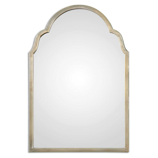 Uttermost Brayden Petite Arch Silver Wall Mirror with sleek metallic finish and curved design, ideal for modern home decor.