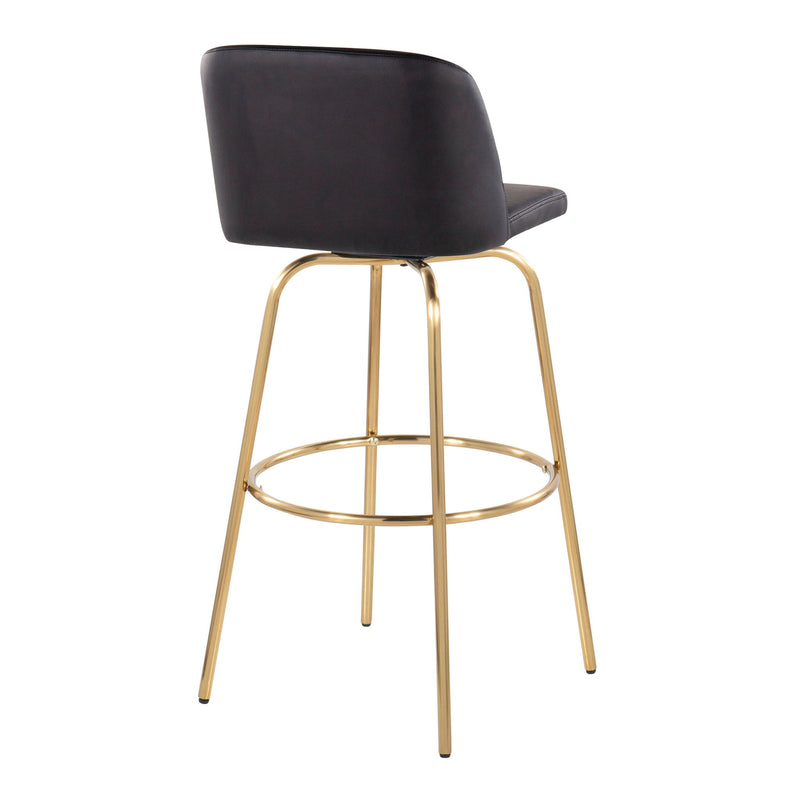 Lumi Source Toriano set of 2 contemporary fixed height barstools with swivel seats and round footrests, black finish.