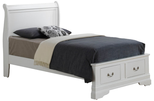 Glory Furniture upholstered panel sleigh bed with storage drawers, featuring a plush headboard and elegant design.