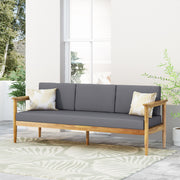 Dark gray outdoor 3-seater sofa with cushions made from teak acacia wood by Noble House, ideal for patio or garden seating.
