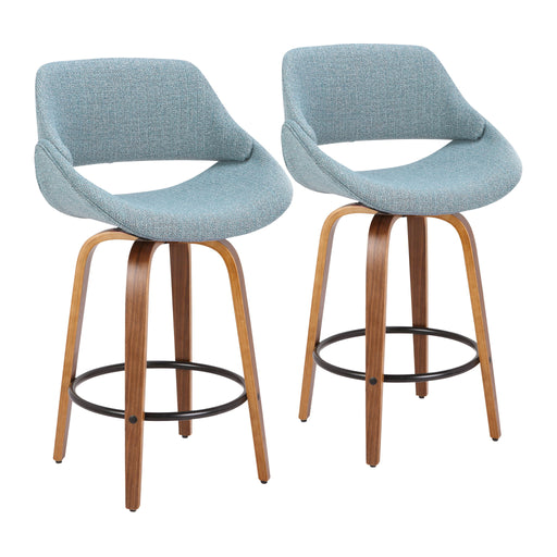 Lumi Source Fabrico mid-century modern fixed height counter stool set with round footrest, featuring sleek wooden seats and metal legs.