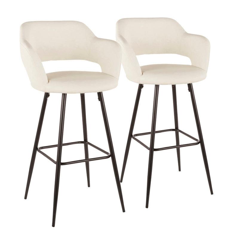 Lumi Source Margarite contemporary barstool set with sleek design, black seats, and wooden legs, perfect for modern kitchens or bars.