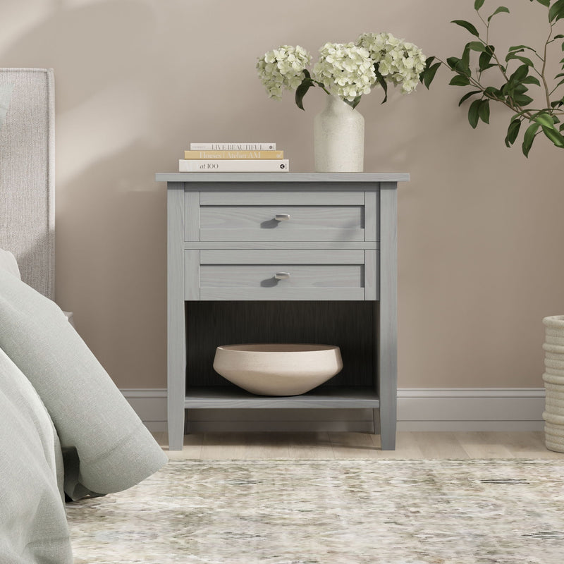 Handcrafted Warm Shaker bedside table by Simpli-Home, accent nightstand with wood finish and single drawer for bedroom decor.