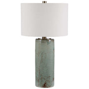 Uttermost Callais crackled aqua table lamp with a textured ceramic base and neutral fabric shade for elegant lighting.