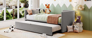 Twin size upholstered daybed with pop-up trundle from Halcyon Home, featuring a soft fabric finish and modern design.