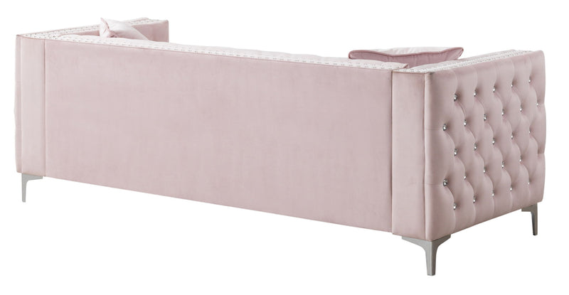 Glory Furniture Paige stationary sofa with plush fabric upholstery and modern design, shown in a cozy living room setting.