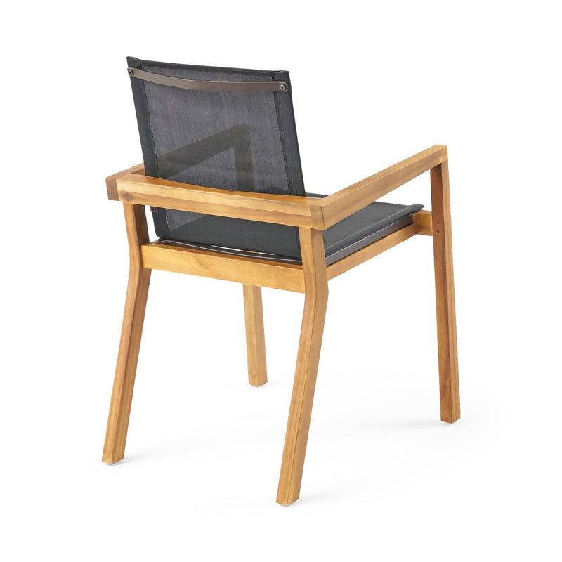 Set of two Noble House Belfast dining chairs with acacia wood frames and cushioned seating, shown in a modern home setting.