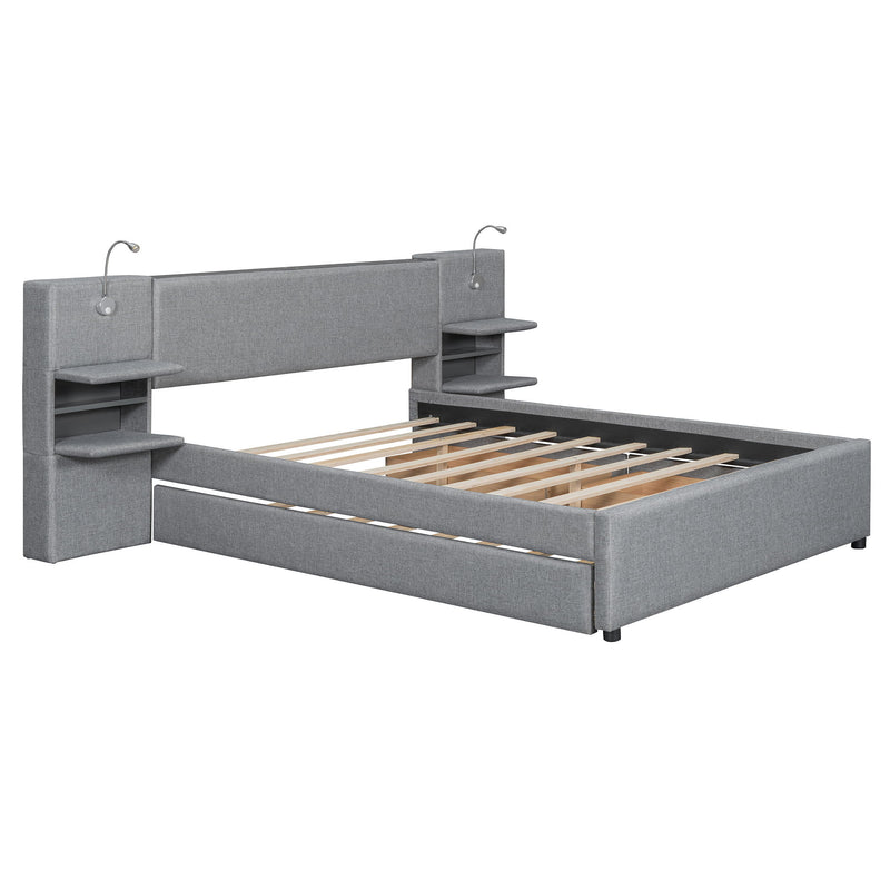 Upholstered Platform Bed With Reading Lights, Drawers, Trundle And Shelves - R&R Furniture Gallery (Fountain Valley, CA)