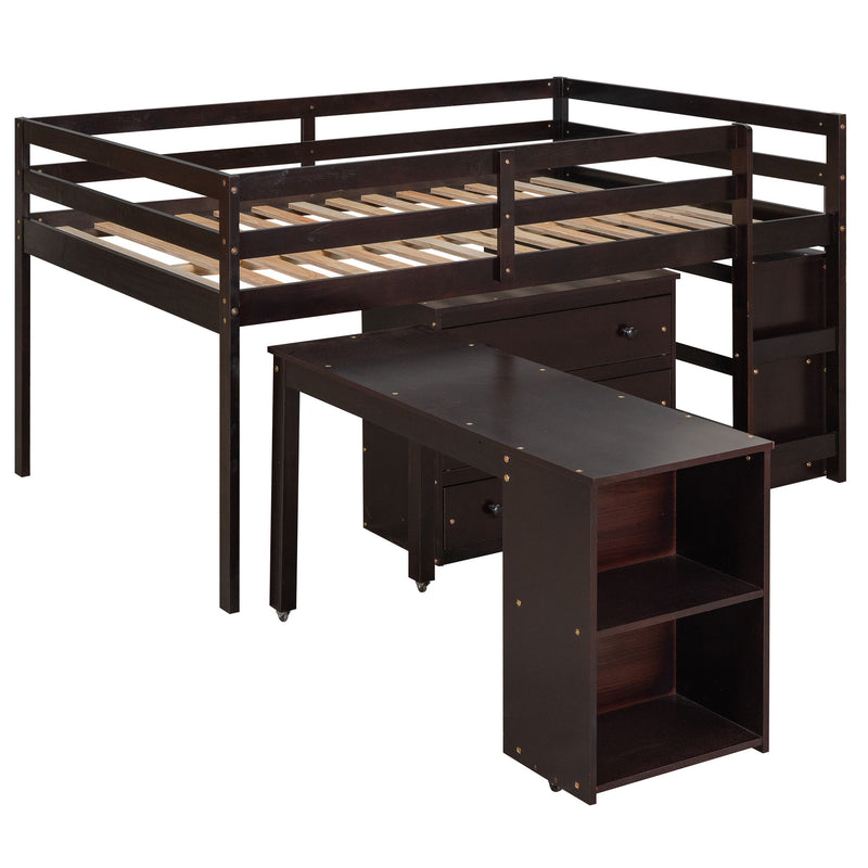 DreamHaus loft low study bed with built-in cabinet, shelves, and rolling desk, showcasing multi-functional bedroom furniture.