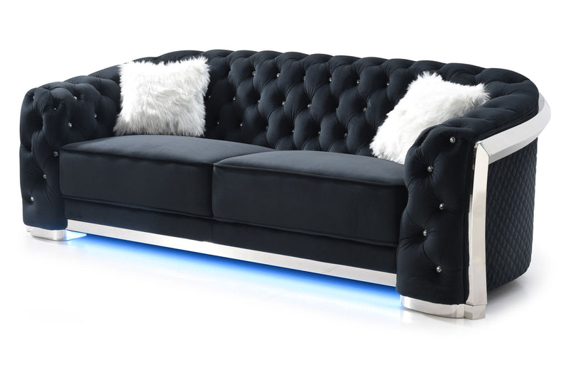 Glory Furniture Sapphire stationary sofa with plush cushions and modern design, shown in a cozy living room setting.
