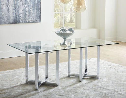 Modus Amalfi rectangular dining table with a glass top and composite base, showcasing a modern design and sturdy construction.
