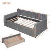 DreamHaus upholstered daybed with slat support, featuring a padded fabric frame and storage drawers underneath in a modern bedroom setting.