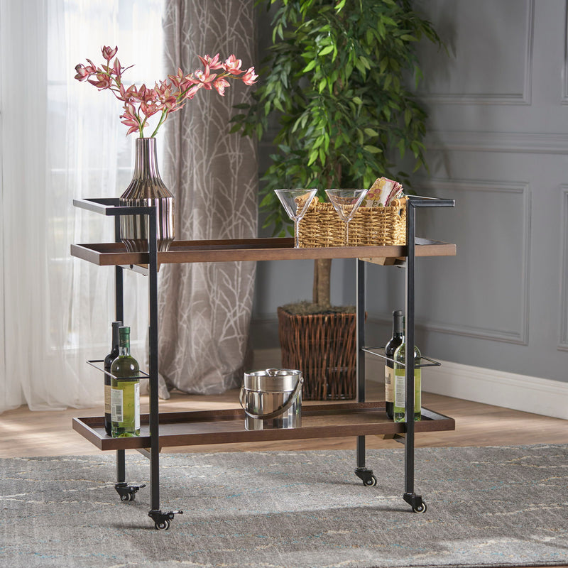 Modern industrial bar cart with shelving and casters by Noble House, featuring a sleek metal frame and wooden shelves for stylish beverage storage.