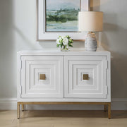 Uttermost Aiken accent cabinet with a sleek wood finish and modern design, featuring storage drawers and a stylish surface.