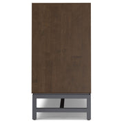 Modern industrial Simpli-Home Banting solid wood sideboard with metal frame, featuring storage cabinets and a sleek dining room design.