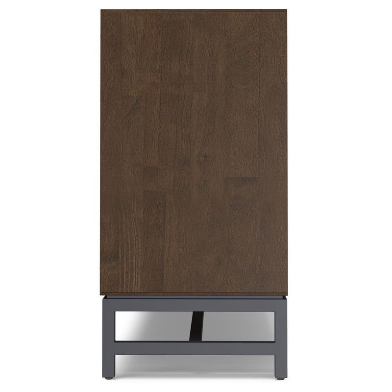 Modern industrial Simpli-Home Banting solid wood sideboard with metal frame, featuring storage cabinets and a sleek dining room design.