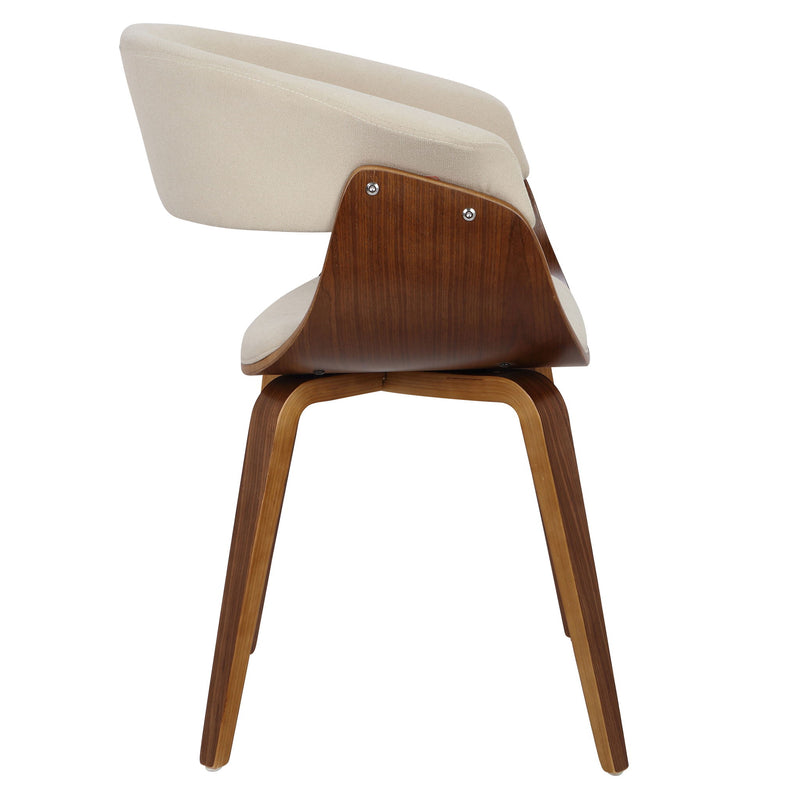 Pair of vintage mid-century modern dining chairs by Lumi Source, with sleek wooden frames and upholstered seats in a stylish design.