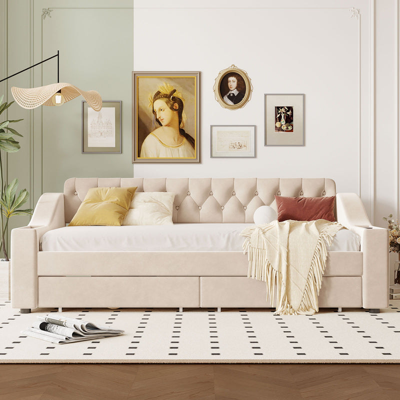 Upholstered Daybed With Storage Armrests And USB Port - R&R Furniture Gallery (Fountain Valley, CA)