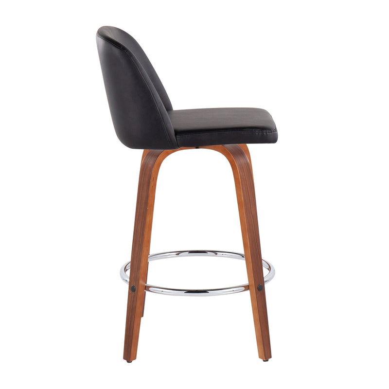Lumi Source Toriano mid-century modern counter stool set with round footrest, fixed height, stylish design, and sleek wooden finish.