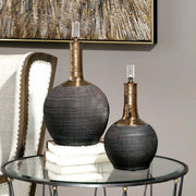 Pair of matte black Uttermost Arnav vases or jars, featuring a modern black finish, set of two for stylish home decor.