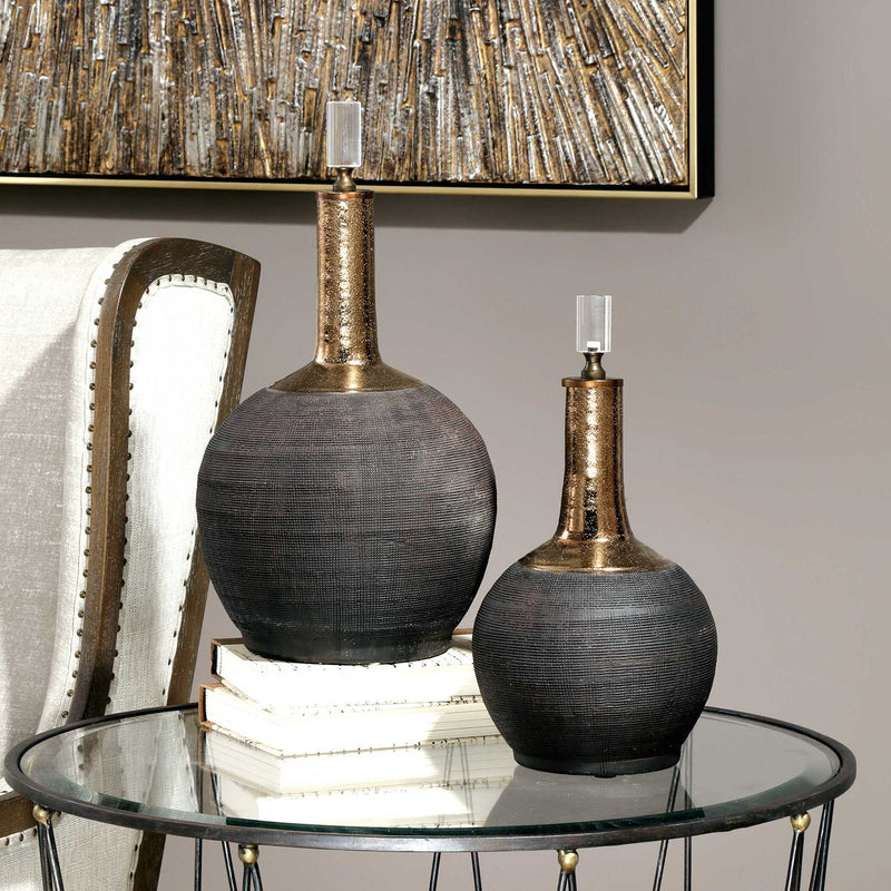 Pair of matte black Uttermost Arnav vases or jars, featuring a modern black finish, set of two for stylish home decor.
