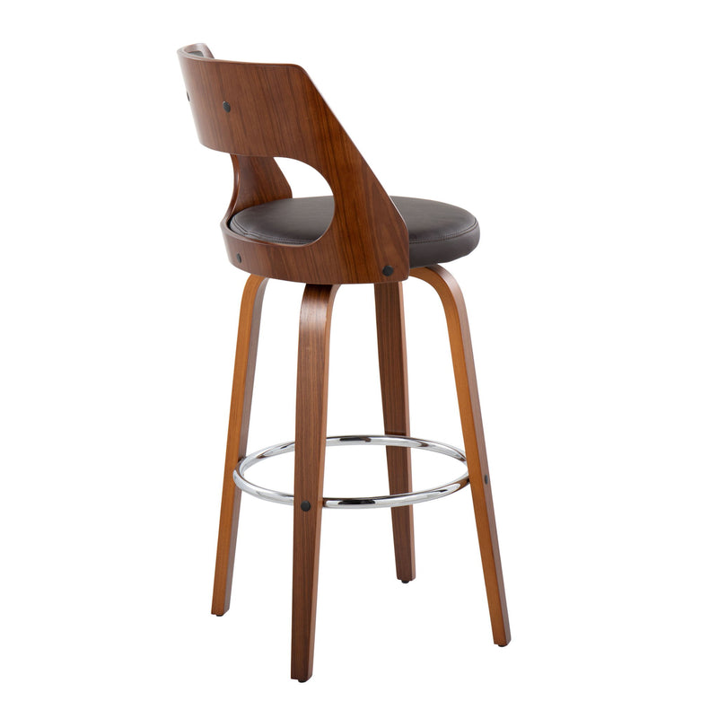 Set of two Lumi Source Cecina mid-century modern barstools with swivel seats and wooden legs, featuring minimalist design.