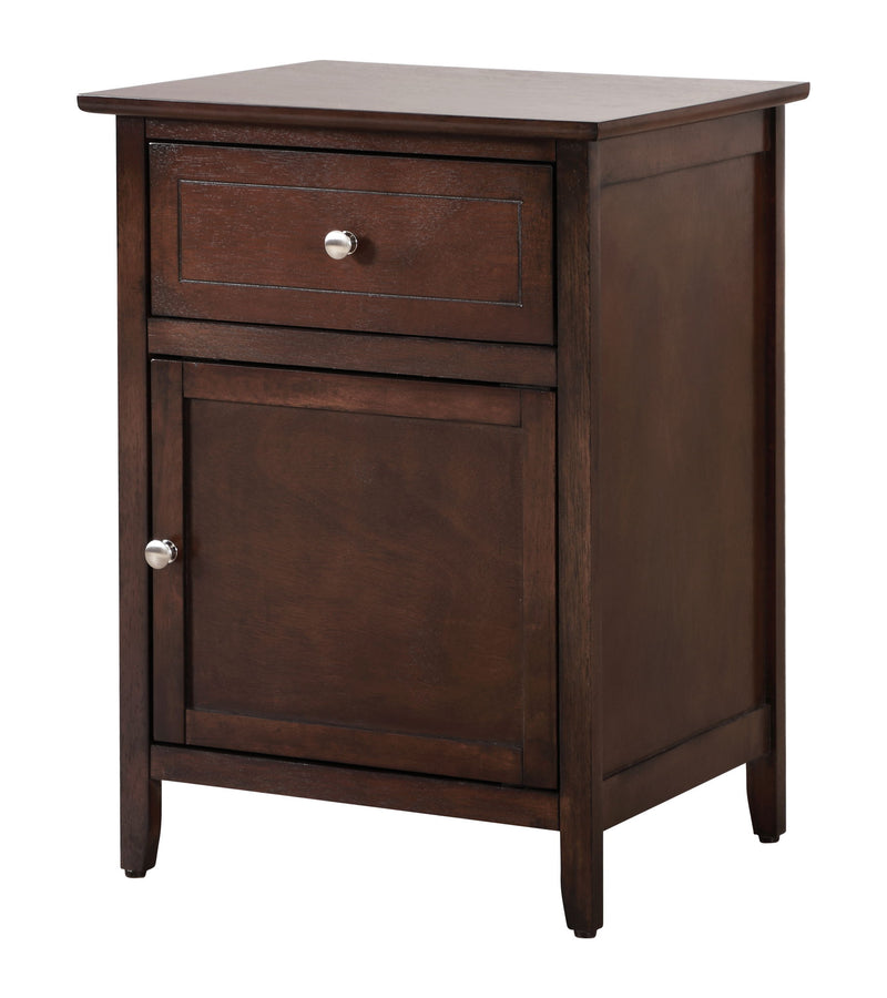 Glory Furniture Izzy Cappuccino accent nightstand with two drawers and sleek modern design, placed beside a bed in a cozy bedroom setting.
