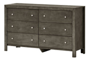 Gray Burlington dresser by Glory Furniture with multiple drawers, modern design, and sleek finish in a contemporary bedroom setting.