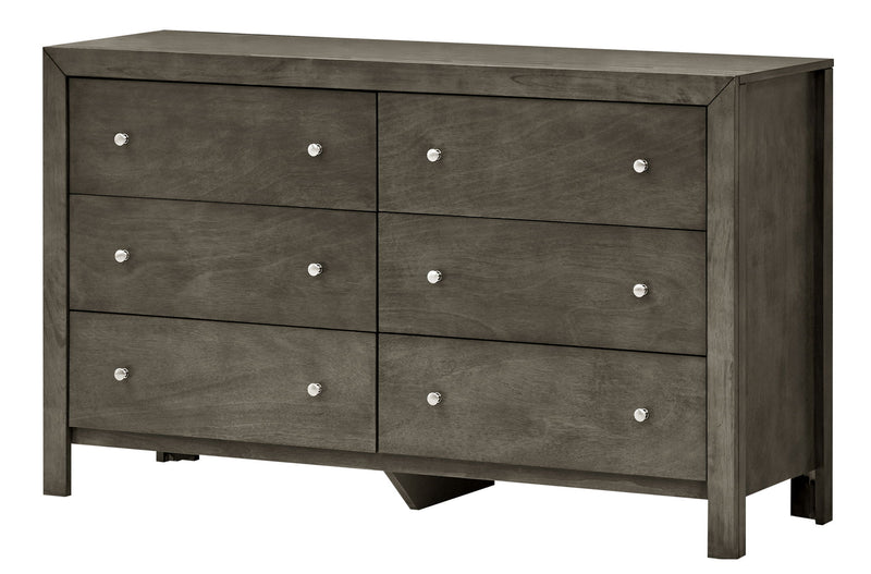 Gray Burlington dresser by Glory Furniture with multiple drawers, modern design, and sleek finish in a contemporary bedroom setting.