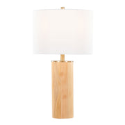Contemporary ash and antique brass table lamp with white cylinder shade by Lumi Source, featuring sleek modern design.