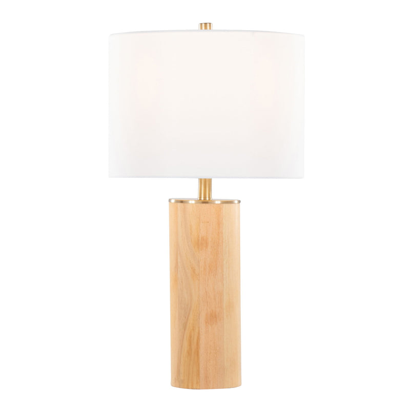 Contemporary ash and antique brass table lamp with white cylinder shade by Lumi Source, featuring sleek modern design.