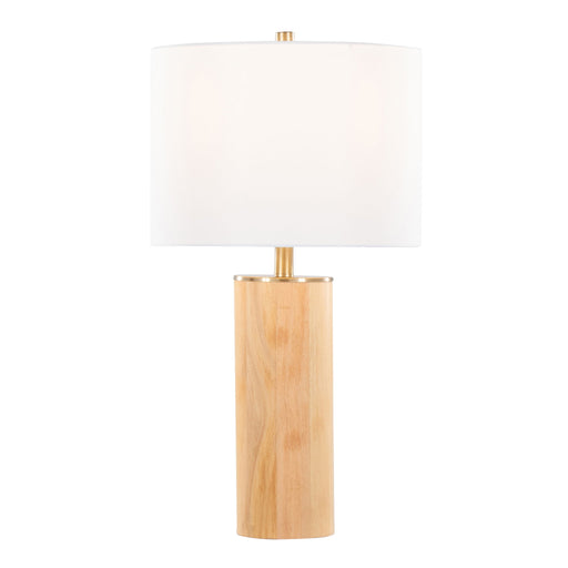 Contemporary ash and antique brass table lamp with white cylinder shade by Lumi Source, featuring sleek modern design.