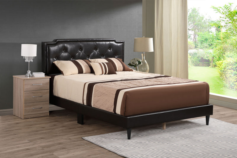 Button tufted upholstered bed by Glory Furniture with cozy, plush fabric and elegant design for charming bedroom spaces.