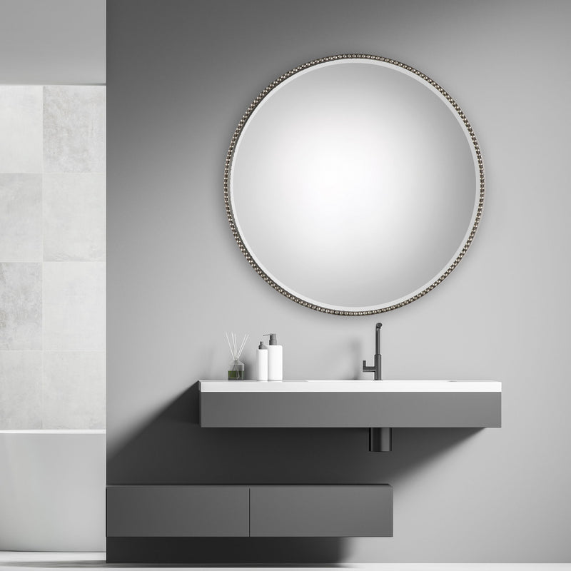 Uttermost Stefania beaded round wall mirror with pearl silver frame, elegant and decorative home decor accessory.