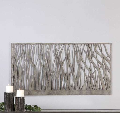 Uttermost Amadahy Pearl Silver metal wall art decor with intricate leaf design for modern interior decoration.