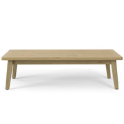 Simpli-Home Palmetto outdoor coffee table in light teak wood, featuring a sturdy rectangular design for outdoor seating areas.