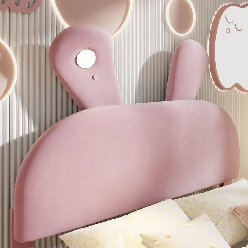Full Upholstered Platform Bed With Cartoon Ears Headboard And LED Light - Pink - R&R Furniture Gallery (Fountain Valley, CA)