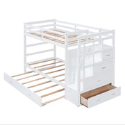 White DreamHaus twin over twin bunk bed with staircase and trundle, featuring a sturdy frame and space-saving design.
