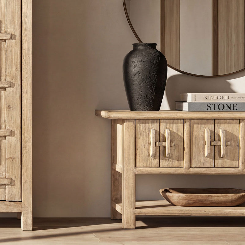 Jennifer Taylor Home Rowan sideboard with natural wood finish and lower shelf, showcasing a modern storage piece with sleek design.
