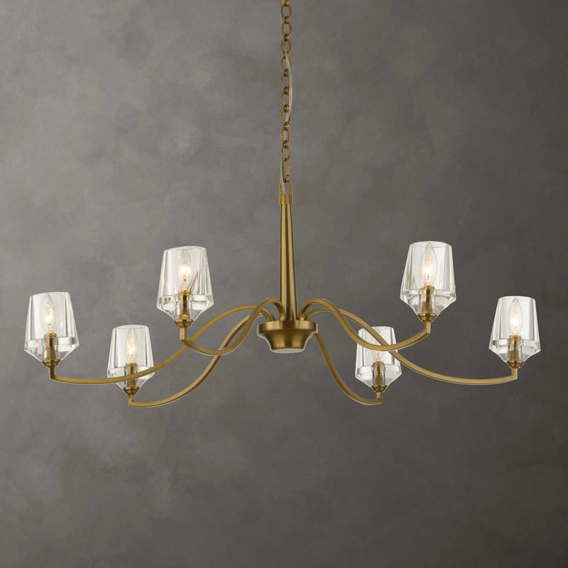 Uttermost Barcelona 6-light brass chandelier with gold finish, featuring elegant curved arms and classic design for sophisticated lighting.