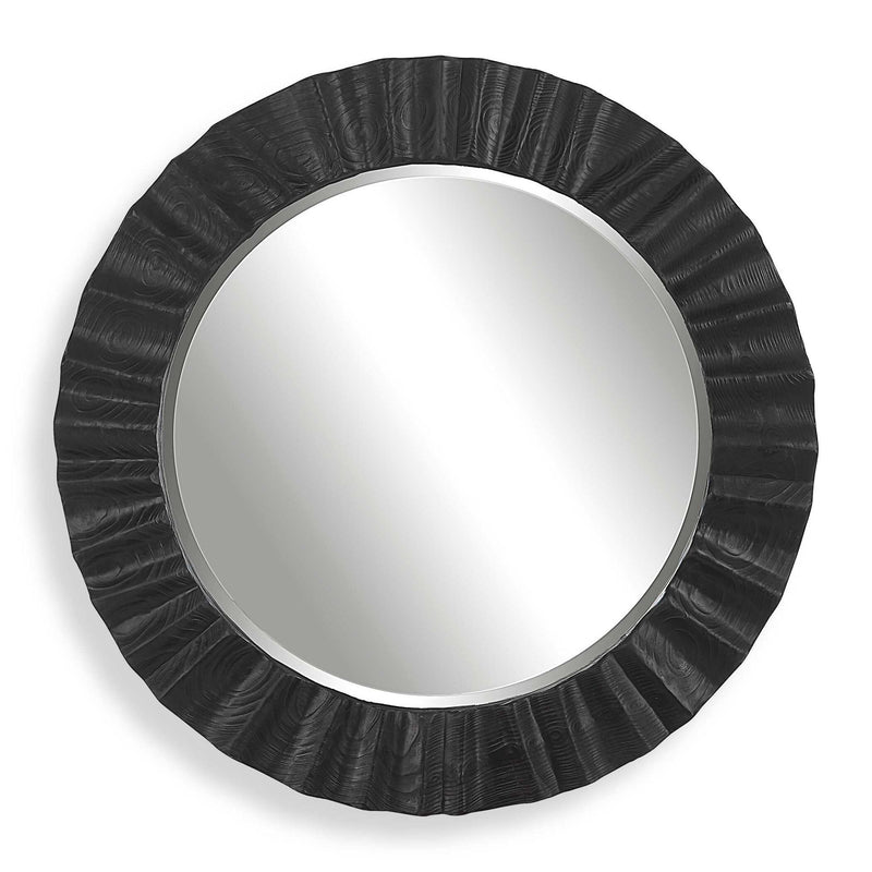 Round black Caribou accent mirror by Uttermost featuring a sleek, modern design with a smooth black frame.