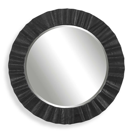 Round black Caribou accent mirror by Uttermost featuring a sleek, modern design with a smooth black frame.