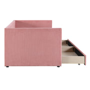 Halcyon Home storage daybed with two drawers and wood slat design, featuring a sturdy frame and functional storage options.