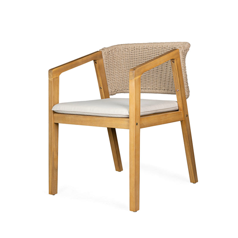 Set of two Noble House patio dining chairs in light teak wood with slatted backs and armrests for outdoor dining comfort.